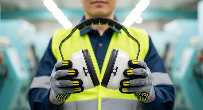 Industrial worker holding protective earmuffs for safety in factory.