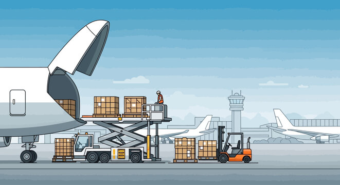 Cargo airplane being loaded with shipping containers on an airport tarmac with forklifts and a loading platform