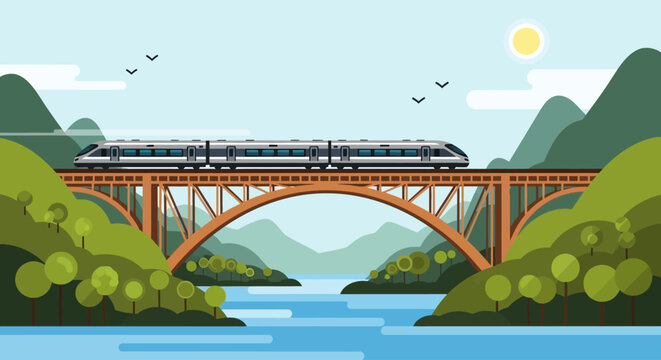 Modern high-speed train crossing an arched bridge over a calm river amidst lush green hills and a clear blue sky with birds flying