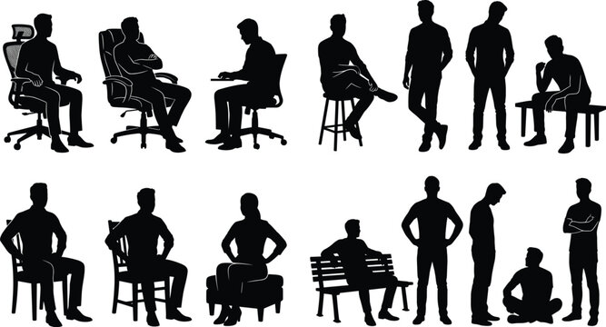 Comprehensive collection of diverse people silhouettes in various sitting and standing poses, including office chairs, benches, and stools, perfect for architectural visualization, interior design