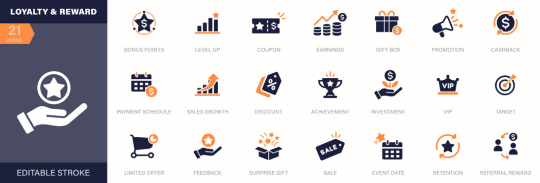 Loyalty & Reward Icon Set. Set of 21 loyalty and reward icons including bonus points, cashback, VIP, coupon, discount, sale, referral, and gift symbols for business use.