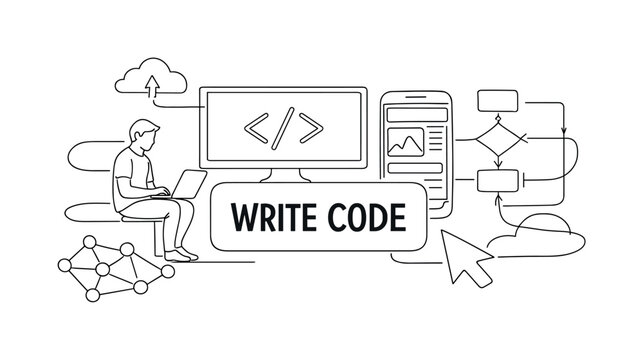 Programmer writing code on laptop with cloud and network connections