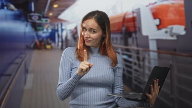 Young redhead woman points finger while holding laptop in ship corridor with orange lifeboat and railings visible, looking skeptical; warning doubt.
