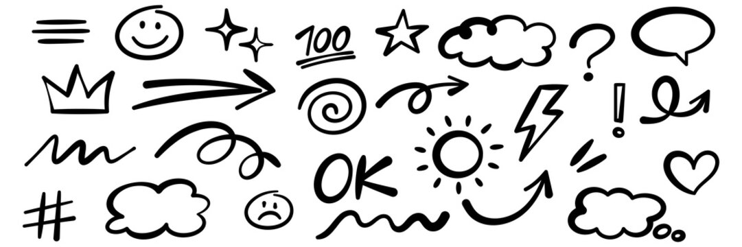 Set of 30 hand drawn doodle symbols including arrows, stars, hearts, crowns, speech bubbles, and emoji faces. Perfect for fun cartoon designs.
