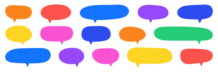 Naklejka premium Set of 15 colorful speech bubble shapes in various sizes and colors. Perfect for chat, messaging, social media, and communication UI designs.