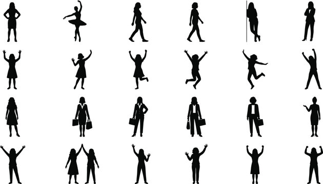 Dynamic collection of diverse women silhouettes in various active and professional poses including jumping, dancing, walking, and standing for lifestyle branding, social media, and creative vec