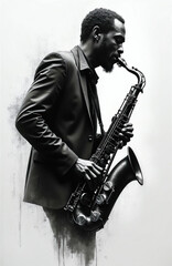 Naklejka premium Black and white sketch of a Black man playing saxophone. Musician in suit improvises jazz solo. Person creates soulful music on brass instrument. Artist performs live.