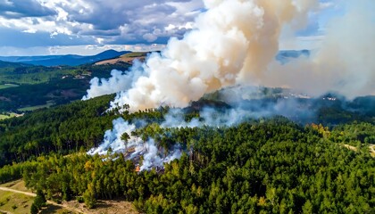 Fototapeta premium Aerial View Of A Large Wildfire Burning Through A Dense Green Forest With Thick White Smoke Billowing Into The Blue Above Hills And Mountains