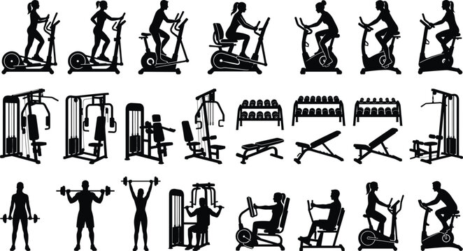 Large collection of gym equipment and diverse fitness silhouettes featuring people using elliptical trainers stationary bikes weight machines and dumbbells for healthy lifestyle design projects.