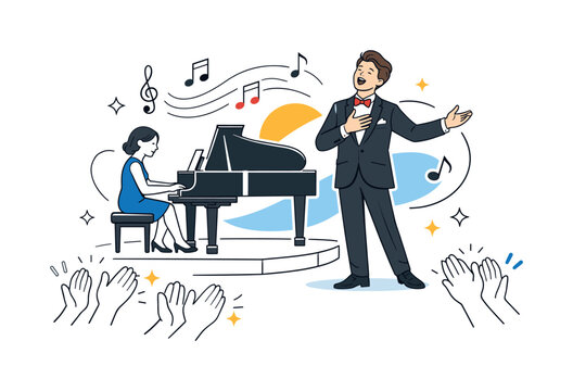 Singer and pianist perform on stage with audience applause and musical notes