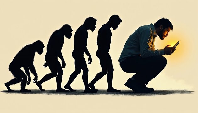 Silhouettes show human evolution from ape to man looking at phone. Modern person hunched over glowing screen, representing digital age dependency and social isolation.