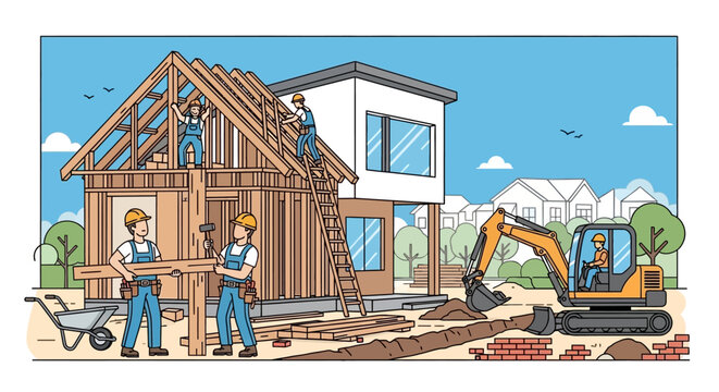 Building a house from scratch construction site with workers, excavators, and new homes being built