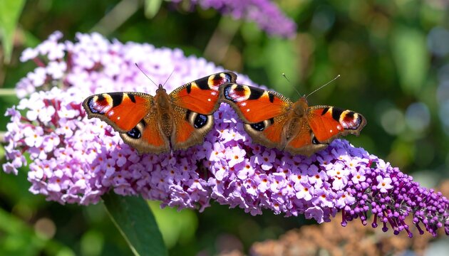 Two vibrant butterflies with distinctive eye-spots rest upon a vibrant, blossoming lavender-colored flower, capturing nature's beauty