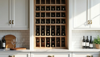 Naklejka premium Wooden wine rack built into white kitchen cabinets stores many bottles. Glasses and cutting boards on counter. Modern home bar setup for wine collectors.