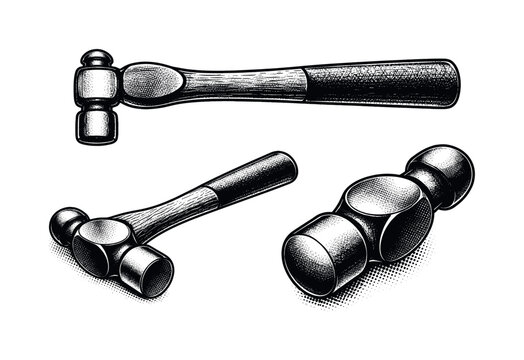 Ball peen hammers shown from multiple angles in a vintage illustration style