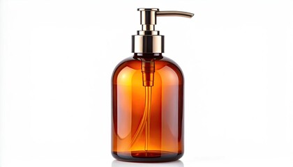 Fototapeta premium Amber glass dispenser bottle with golden pump top and clear internal tube