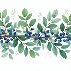 Naklejka premium Branches with ripe blueberries and green leaves form a natural pattern. This watercolor illustration shows summer harvest and healthy organic food elements. Decorative border for healthy diet content.