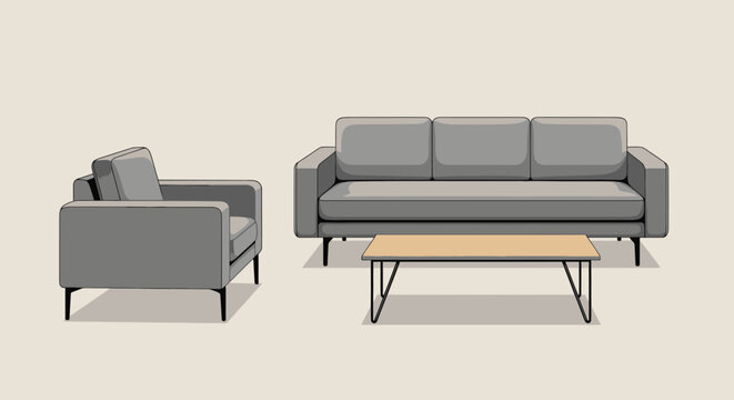 Modern gray sofa and armchair with a minimalist coffee table, stylish living room furniture set