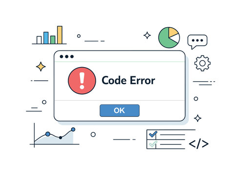 Computer code error message displayed on screen with analytics and coding symbols