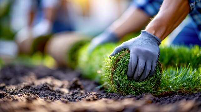 Fresh sod being unrolled by gloved landscaper over dry soil with visible roots in daylight