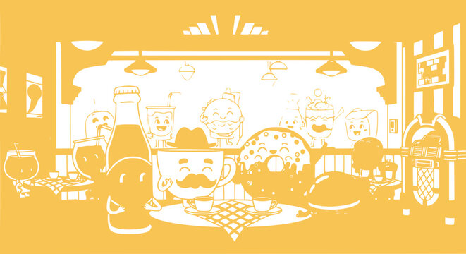 Cute Cartoon Coffee Shop Scene with Characters and Treats