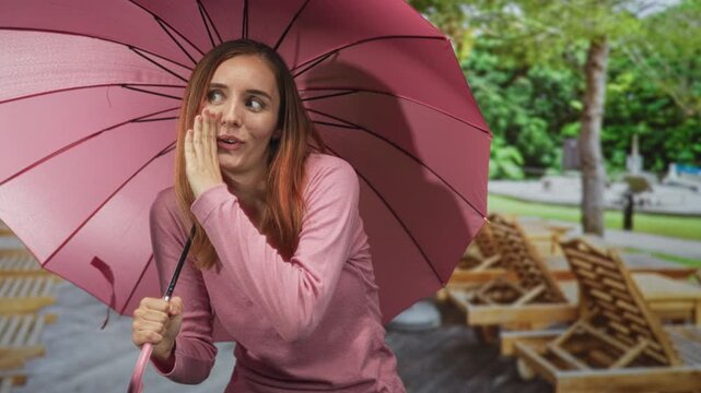 Young redhead woman holding a pink umbrella, hand to cheek in a whispering surprised gesture on a street with wooden loungers; playful curiosity.