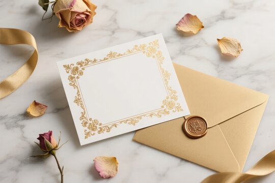 Elegant white greeting card with gold floral border and envelope with empty copy space for wedding invitation
