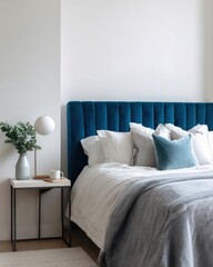 Fototapeta premium A blue velvet headboard against a white wall, soft light
