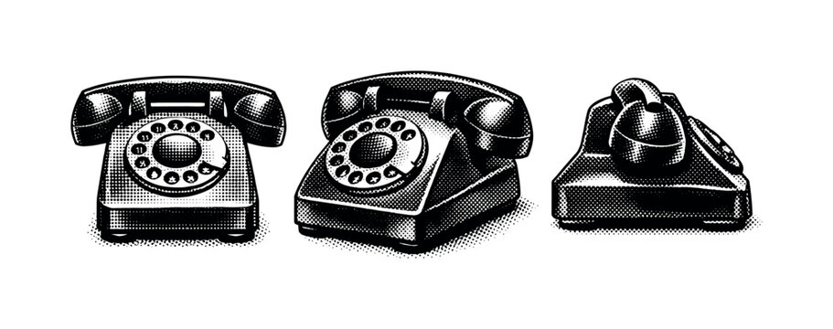 Vintage rotary dial telephones displayed from different angles in a retro illustration style