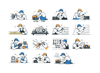 Fototapeta premium Skilled workers performing various repair and maintenance tasks with tools and equipment