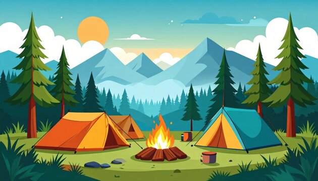 Cartoon campfire scene with tents, trees, mountains, and a sunset