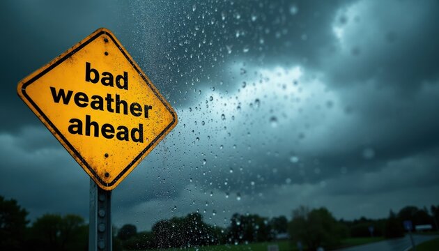Yellow warning sign alerts drivers about bad weather ahead. Raindrops on car windscreen obscure the view of dark stormy clouds forming ominously in the sky.
