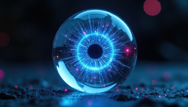 Glass orb with glowing blue iris and radial light streaks against dark backdrop. Futuristic digital eye with pink sparks floats over rough surface, evoking cybernetic vision and tech innovation.