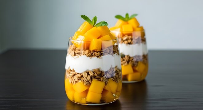 Fresh mango parfait with yogurt and granola in glass jars.