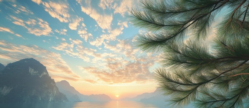 Mountain lake sunset view framed by pine branches