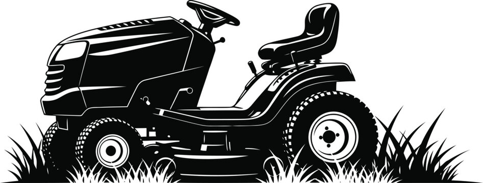 Black and white illustration of a riding lawn mower in tall grass Vector