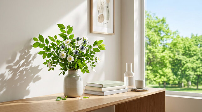 Plante verte d&eacute;corative sur table pr&egrave;s de fen&ecirc;tre