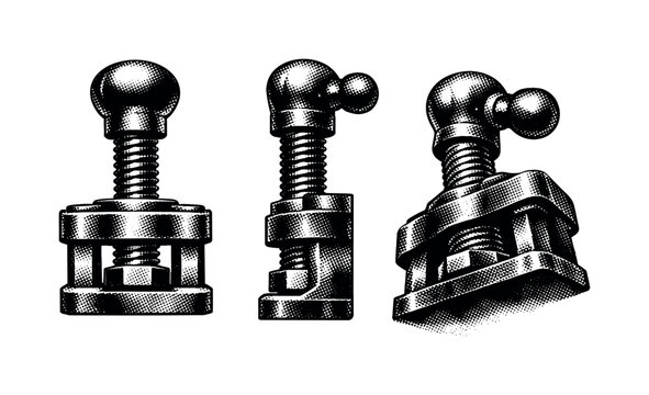 Set of three vintage screw clamps with ball handles, rendered in a halftone style