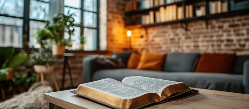 Open Bible on coffee table in cozy living room