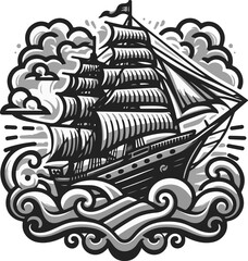 Detailed Nautical Badge of a Sailing Ship on Calm Sea Waves with Vintage Engraving Textures and Logo Lines  © Hartoyo