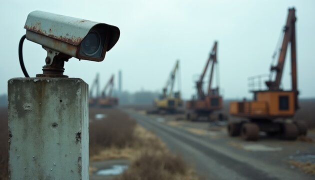 Security camera on concrete post monitors abandoned industrial site with cranes and excavators. Desolate landscape with cloudy sky, suggesting past construction or decay.