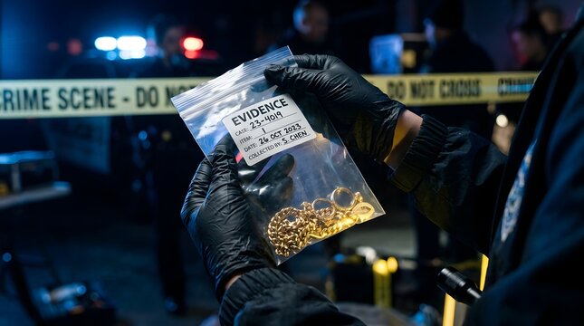 Forensic Investigation at Crime Scene with Evidence Bag Containing Substances, Police Tape, Nighttime Urban Environment, Close-Up View of Law Enforcement Action