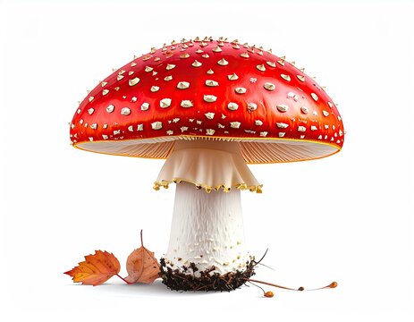 A vibrant red mushroom with white spots, frilled skirt, and white stem