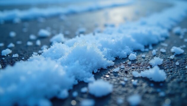 Macro shot of blue and white road salt crystals scattered on icy pavement. Close-up texture of winter de-icing chemicals for melting ice. Rock salt granules on cold asphalt surface.
