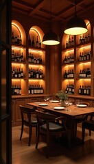 Naklejka premium Warmly lit wine cellar interior with wooden shelves stacked high with bottles. An elegant dining table is set for a meal. Cozy ambience perfect for wine tasting or intimate dinners.