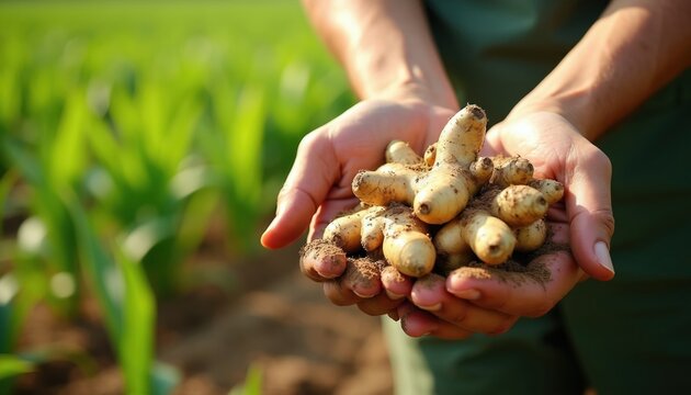 Farmer holds fresh ginger roots harvested from field. Soil clings to bulbs. Green plants grow in background. Organic spice crop ready for sale.