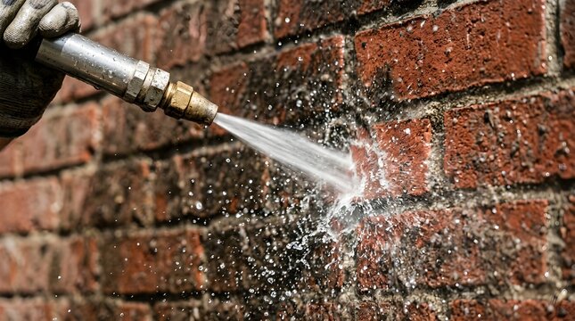 Pressure washing cleaning red brick wall exterior with high power water jet spray close-up outdoor maintenance task view