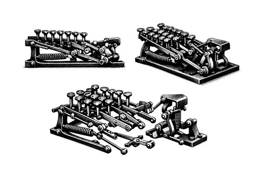 Vintage telegraph machines and components, intricate mechanical design illustration