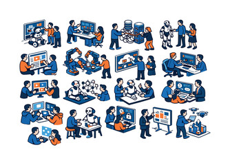Fototapeta premium Diverse AI and robotics concepts illustrated with people collaborating and learning