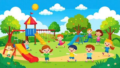 Naklejka premium Joyful cartoon children playing on a colorful playground outdoors